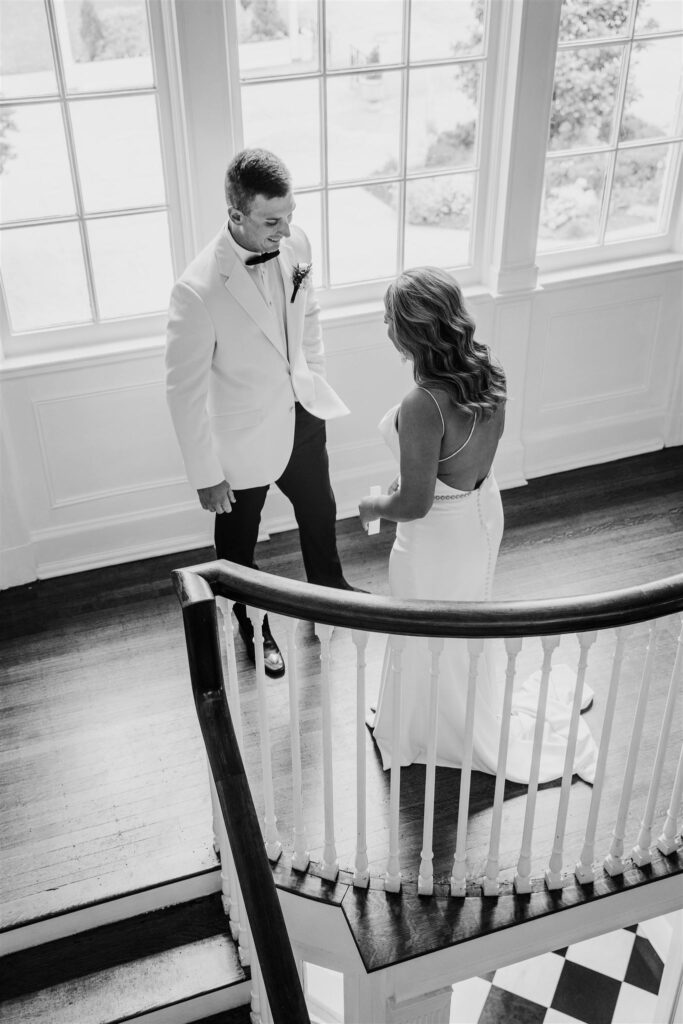 Wedding Portrait of staircase first look at Separk Mansion in Gastonia, NC by Christina Elmore of The Shutter Owl Photography